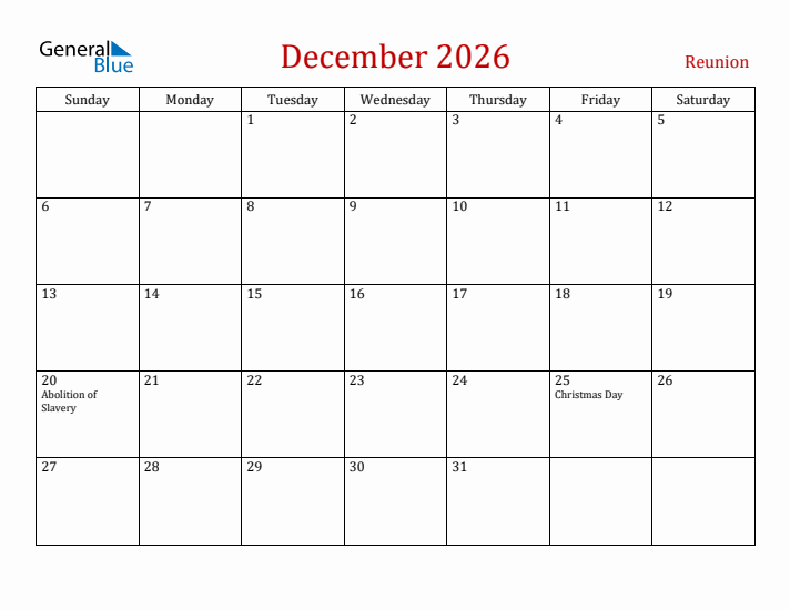 Reunion December 2026 Calendar - Sunday Start