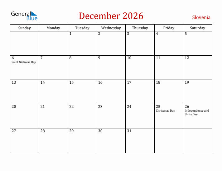 Slovenia December 2026 Calendar - Sunday Start