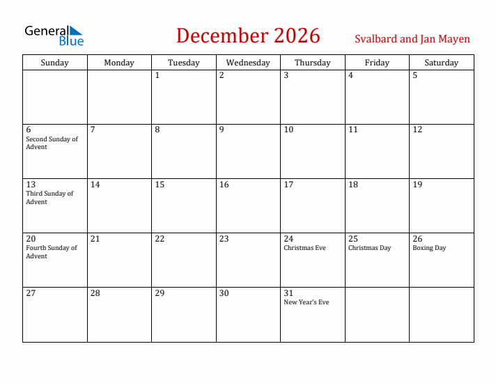Svalbard and Jan Mayen December 2026 Calendar - Sunday Start