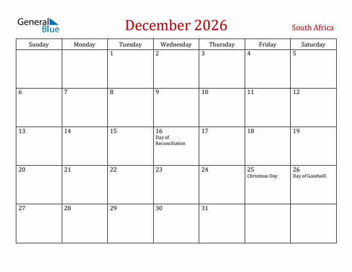 South Africa December 2026 Calendar - Sunday Start