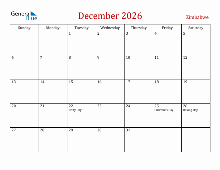 Zimbabwe December 2026 Calendar - Sunday Start