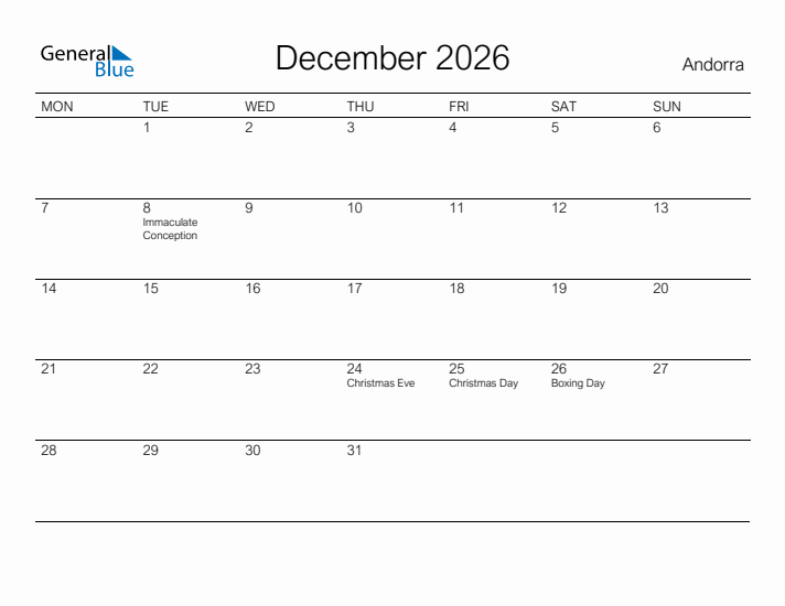 Printable December 2026 Calendar for Andorra