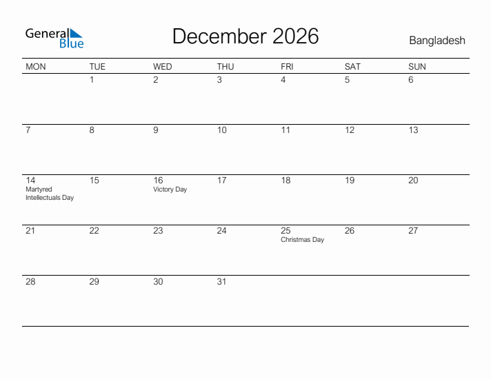 Printable December 2026 Calendar for Bangladesh