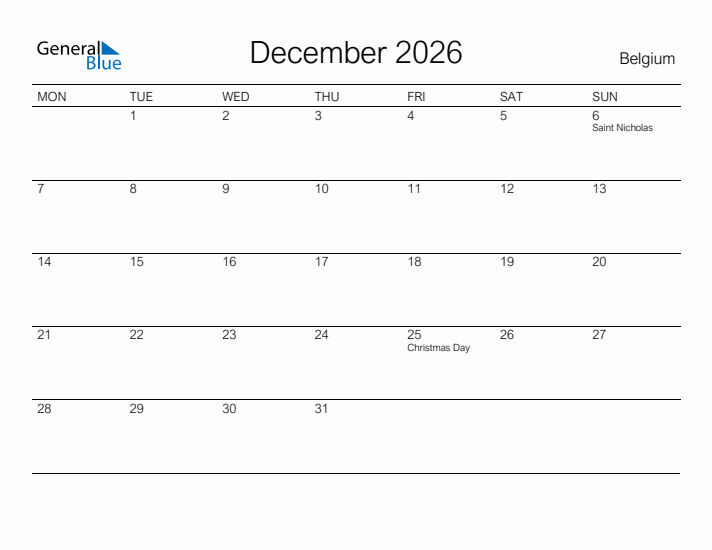 Printable December 2026 Calendar for Belgium