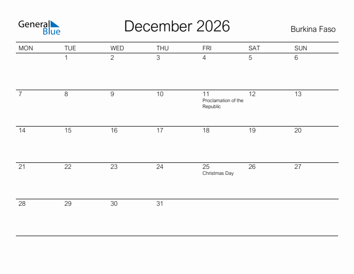 Printable December 2026 Calendar for Burkina Faso