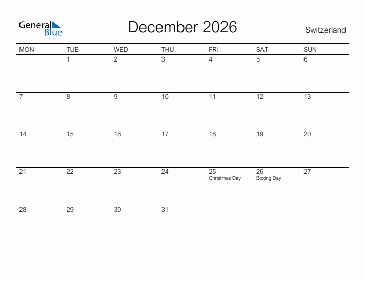 Printable December 2026 Calendar for Switzerland