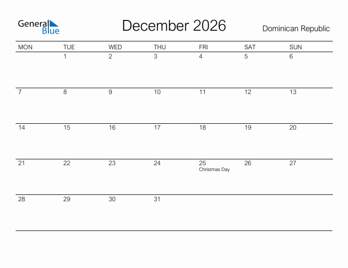 Printable December 2026 Calendar for Dominican Republic