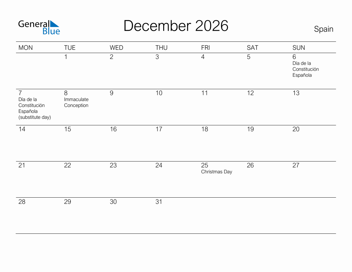 Printable December 2026 Monthly Calendar with Holidays for Spain