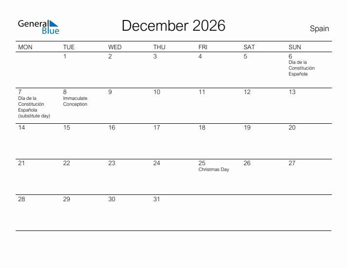 Printable December 2026 Calendar for Spain