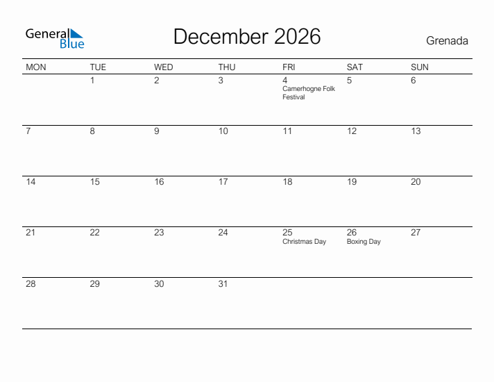 Printable December 2026 Calendar for Grenada