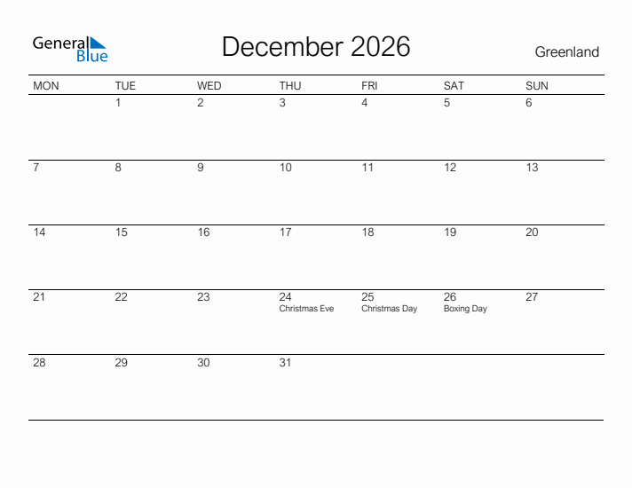 Printable December 2026 Calendar for Greenland