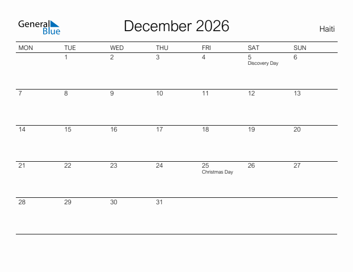 Printable December 2026 Calendar for Haiti