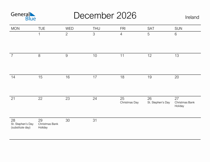 Printable December 2026 Calendar for Ireland