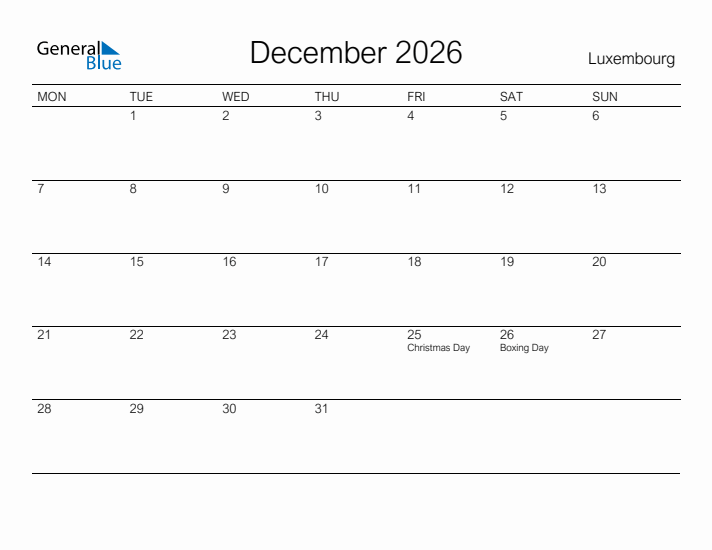 Printable December 2026 Calendar for Luxembourg