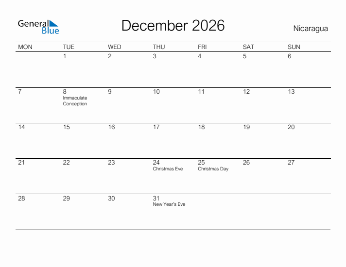 Printable December 2026 Calendar for Nicaragua
