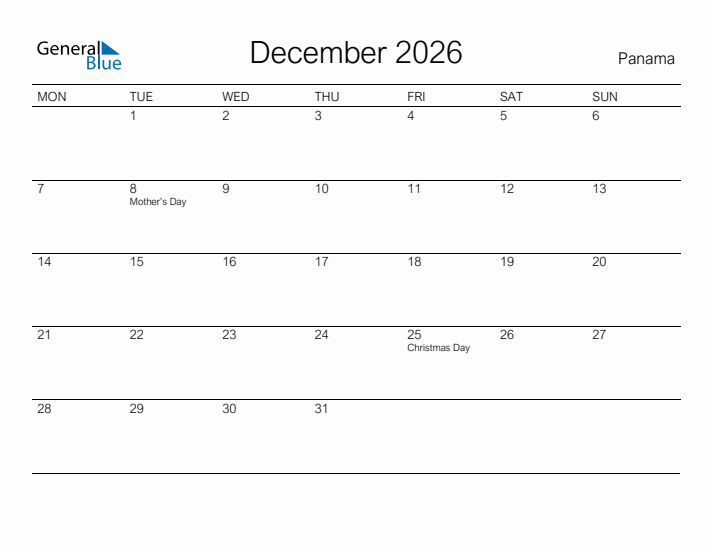 Printable December 2026 Calendar for Panama
