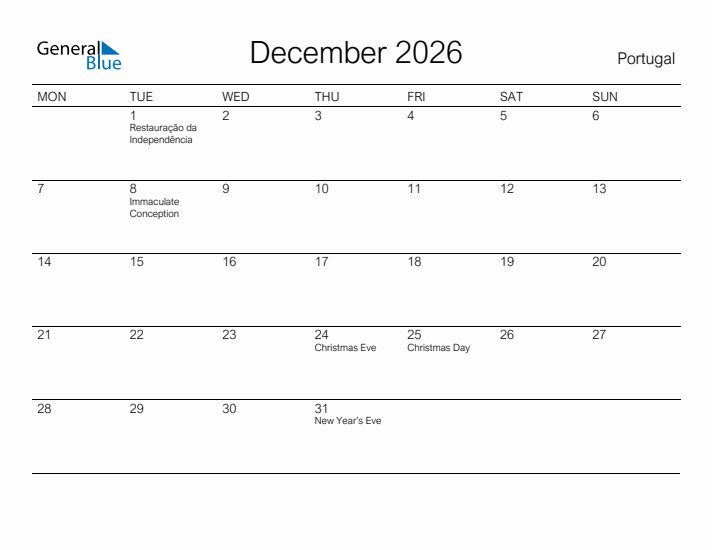 Printable December 2026 Calendar for Portugal