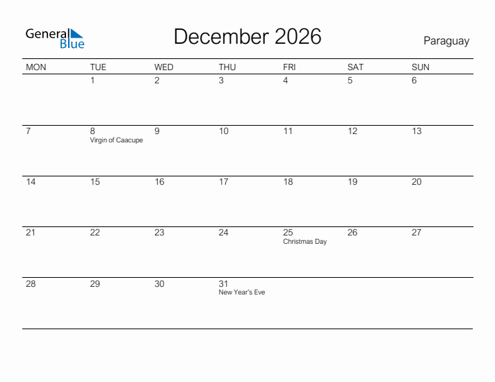 Printable December 2026 Calendar for Paraguay