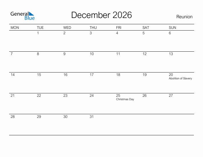 Printable December 2026 Calendar for Reunion