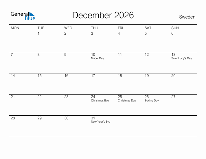 Printable December 2026 Calendar for Sweden