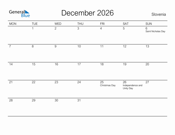 Printable December 2026 Calendar for Slovenia