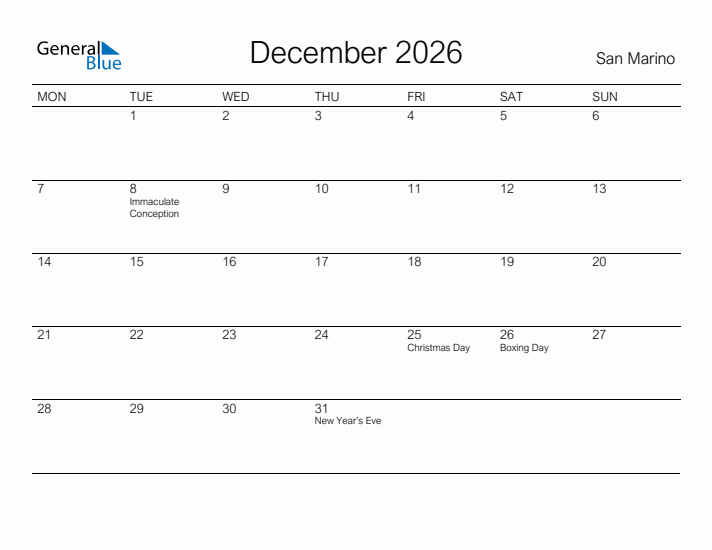 Printable December 2026 Calendar for San Marino