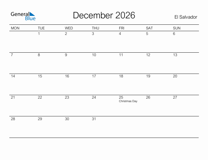 Printable December 2026 Calendar for El Salvador