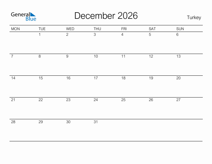 Printable December 2026 Calendar for Turkey