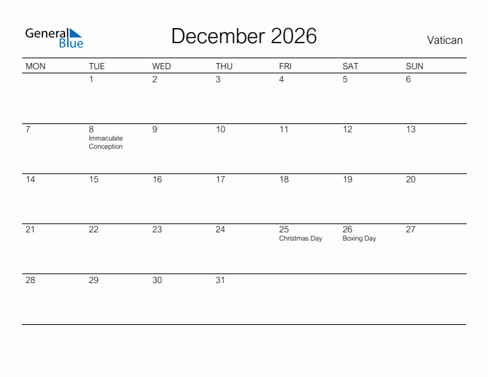 Printable December 2026 Calendar for Vatican