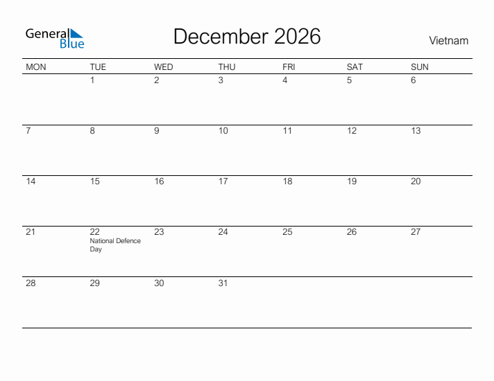 Printable December 2026 Calendar for Vietnam