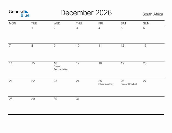 Printable December 2026 Calendar for South Africa