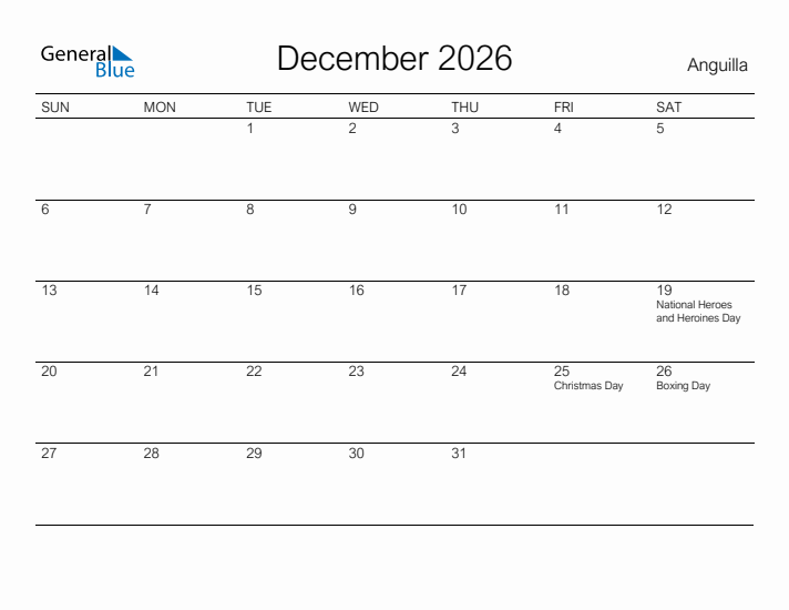 Printable December 2026 Calendar for Anguilla