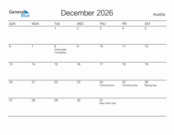 Printable December 2026 Calendar for Austria
