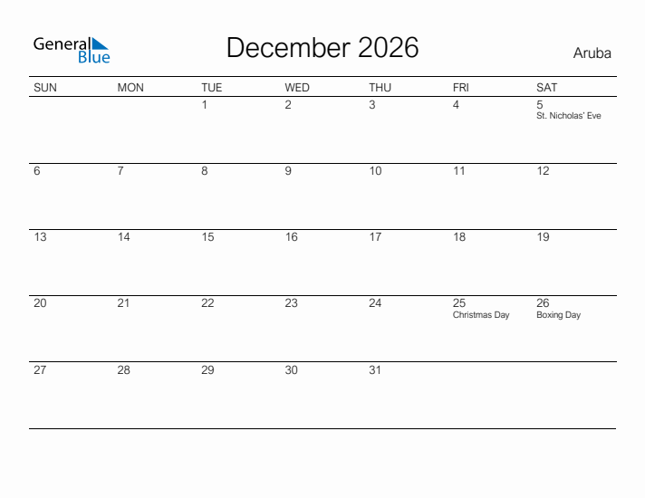 Printable December 2026 Calendar for Aruba