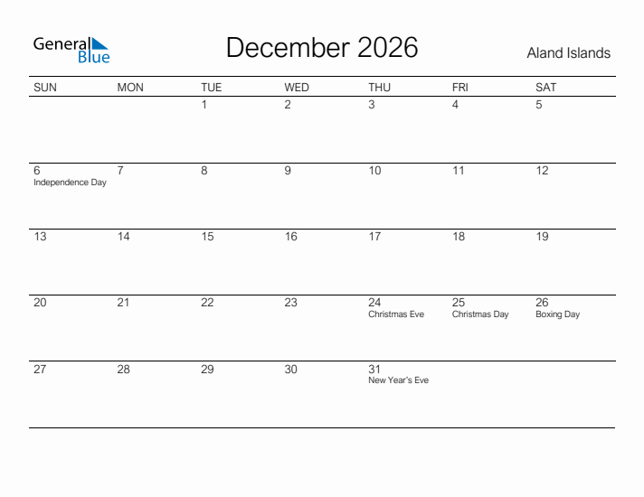 Printable December 2026 Calendar for Aland Islands