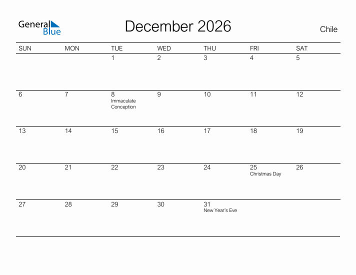Printable December 2026 Calendar for Chile