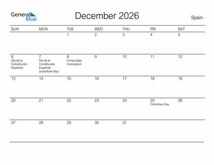 Printable December 2026 Calendar for Spain