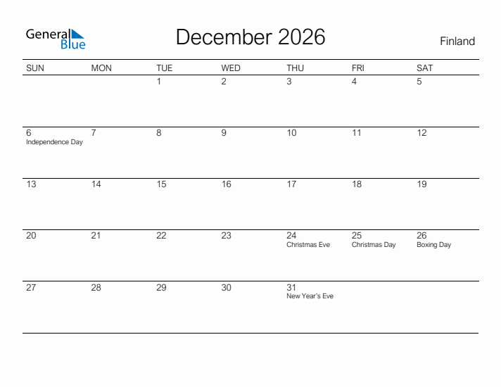Printable December 2026 Calendar for Finland
