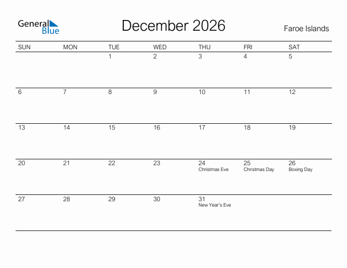 Printable December 2026 Calendar for Faroe Islands