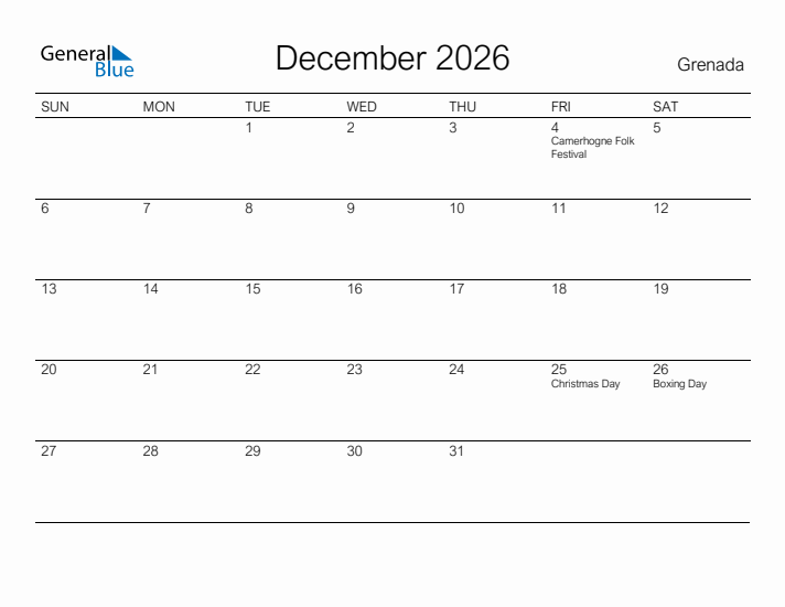 Printable December 2026 Calendar for Grenada