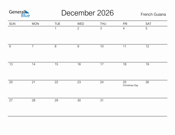 Printable December 2026 Calendar for French Guiana