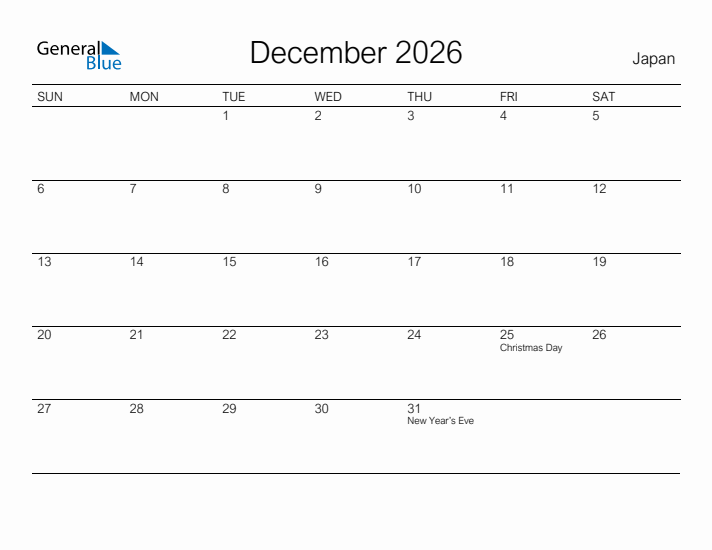Printable December 2026 Calendar for Japan