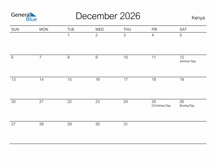 Printable December 2026 Calendar for Kenya