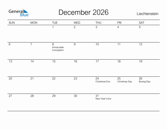 Printable December 2026 Calendar for Liechtenstein