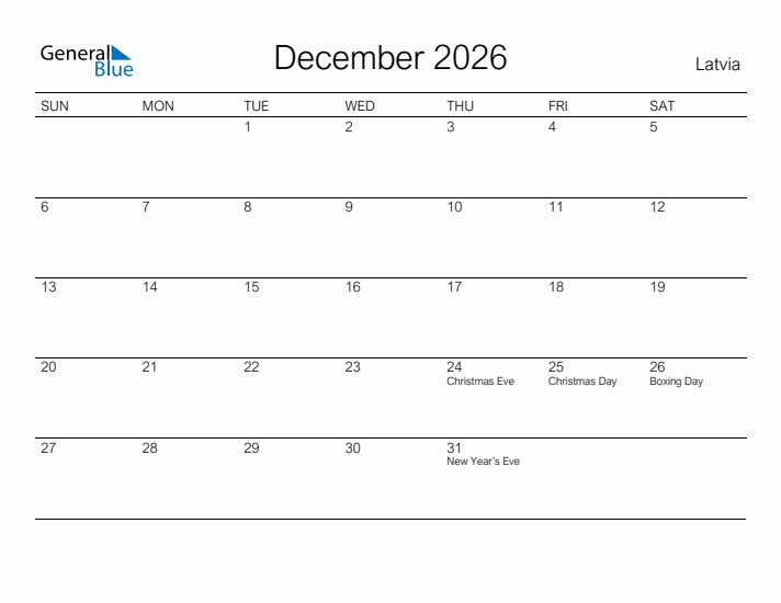 Printable December 2026 Calendar for Latvia
