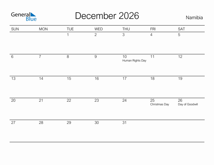 Printable December 2026 Calendar for Namibia