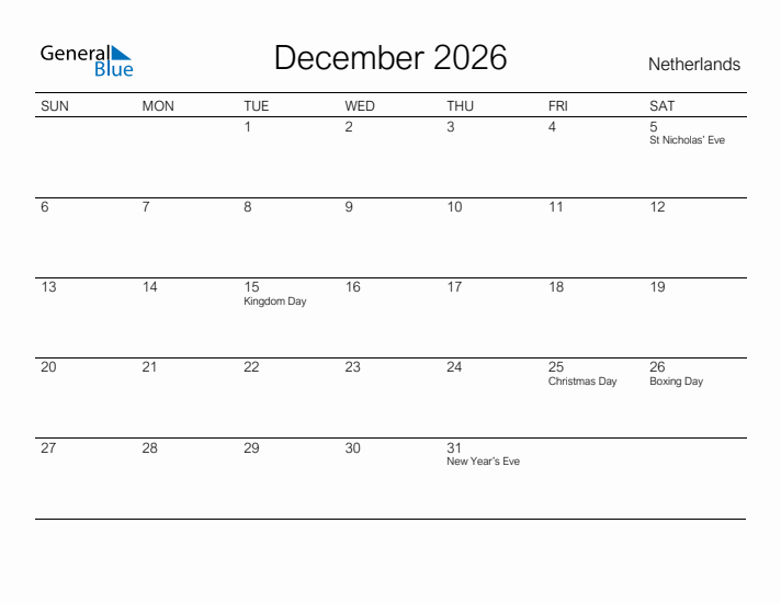 Printable December 2026 Calendar for The Netherlands