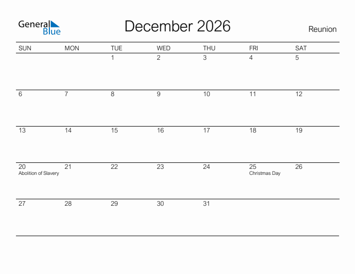 Printable December 2026 Calendar for Reunion