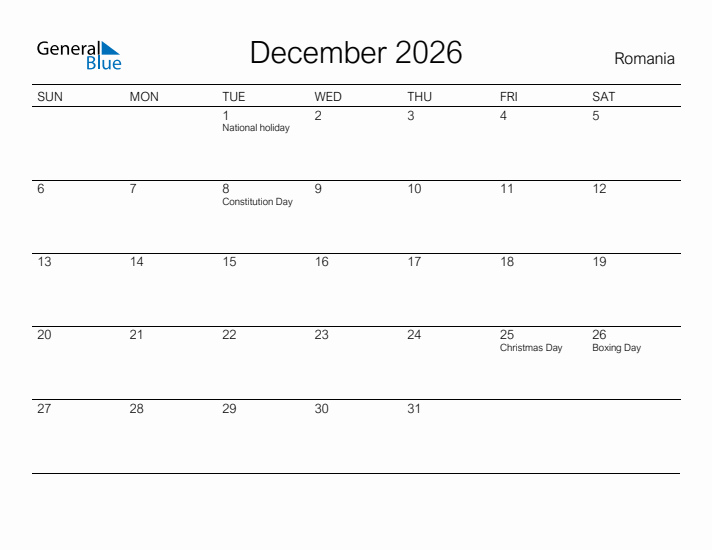 Printable December 2026 Calendar for Romania