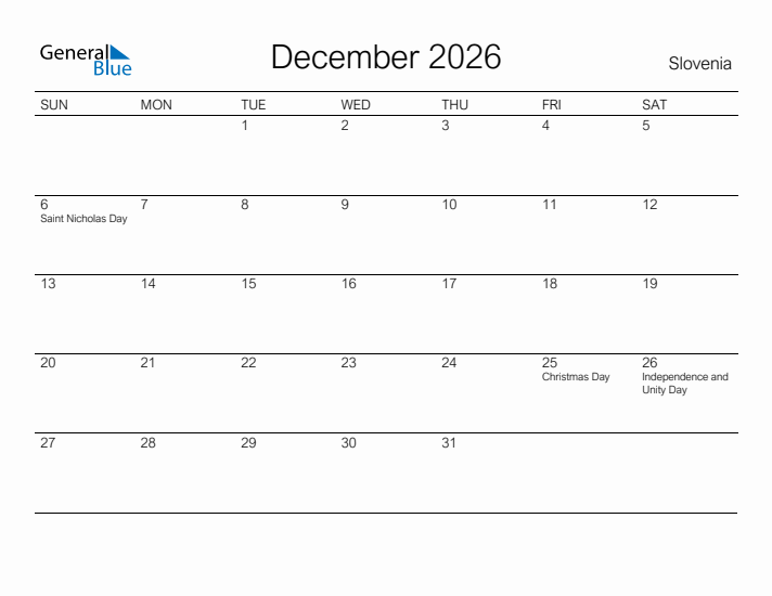 Printable December 2026 Calendar for Slovenia